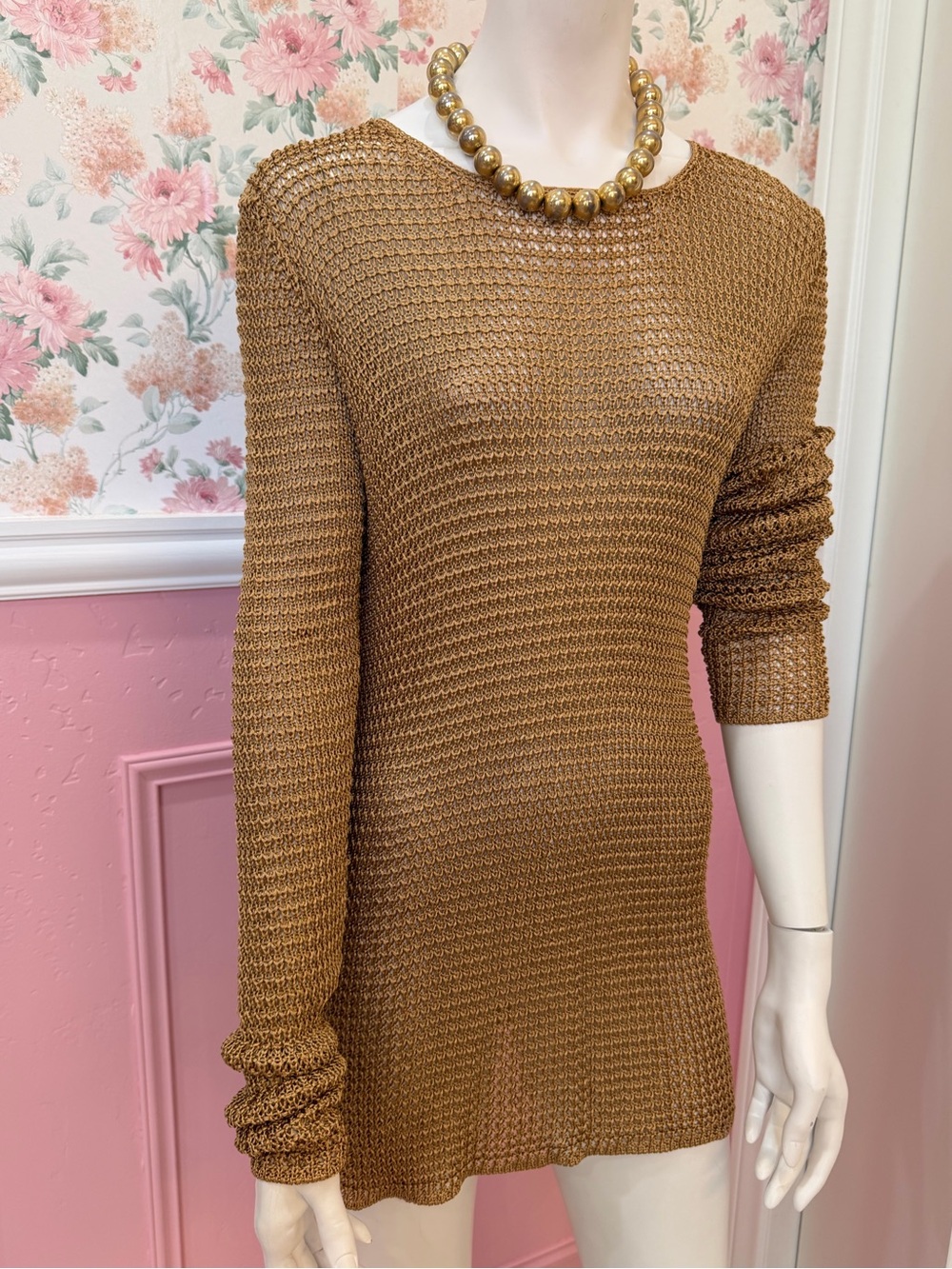 Eileen Fisher Brown Open-Weave Scoop Neck Lightweight Sweater